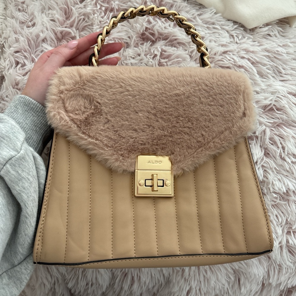 Aldo Beige Faux Fur Quilted Satchel